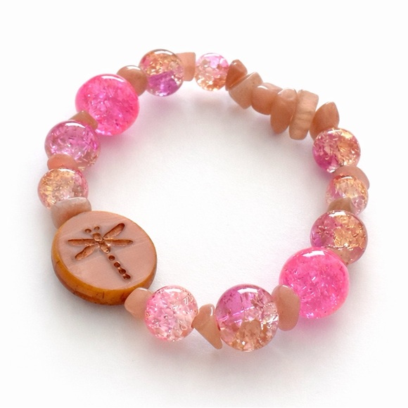 TERRA GEMMS Jewelry - TERRA GEMMS Studio Series Peach Aventurine & Dragonfly Pink Stretch Bracelet